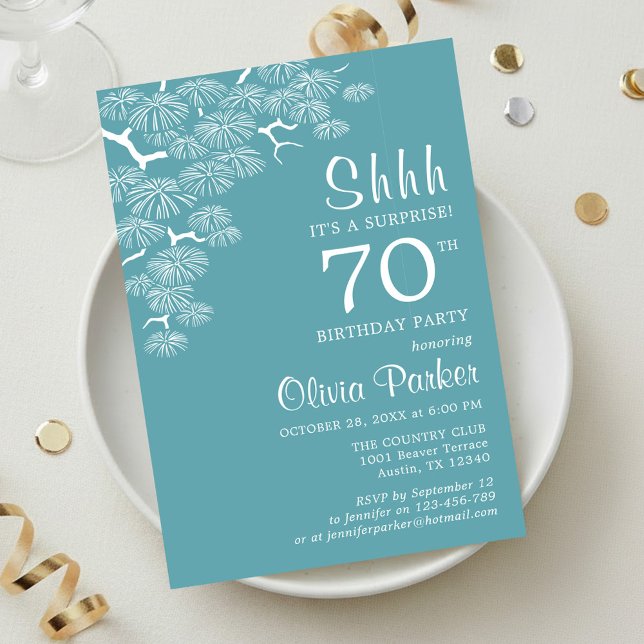 Invitación Blue Green Aqua Pine Branch Surprise 70th Birthday (Subido por el creador)