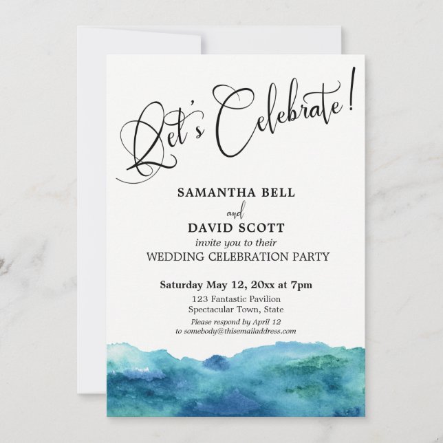 Invitación Blue Green Aqua Watercolor Modern ¡Celebremos! (Anverso)