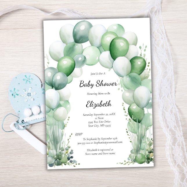 Invitación Blue Green Balloons Floral Baby Boy Baby Shower (Blue Green Balloon Arch Floral Baby Boy Baby Shower Invitation.)