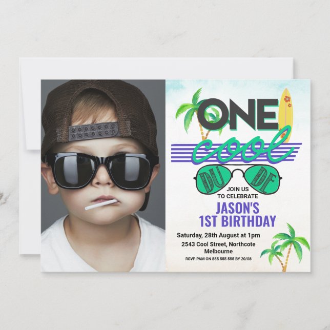 Invitación Blue Green Boys Guay Dude Foto Primer Cumpleaños (Anverso)