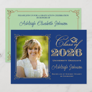 Invitación Blue, Green, Gold Class of 2026 Photo Graduation
