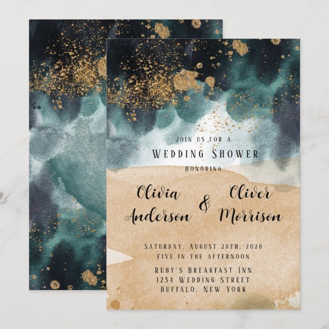 Invitación Blue Green Gold Paint Agate Beach Wedding Ducha (Anverso / Reverso)
