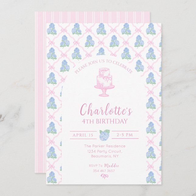 Invitación Blue Green Hydrangea Pink Bow Trellis (Anverso / Reverso)