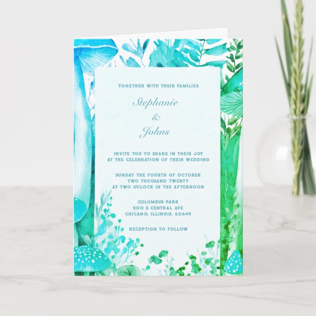 Invitación Blue Green Mushroom Woodland Resumen Boho Boda (Anverso)