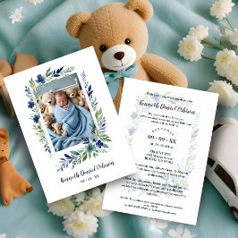Invitación Blue & Green Shades Floral Frame Naming Ceremony