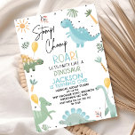 Invitación Blue Green Stomp Chomp Fiesta Dinosaur 1er cumplea<br><div class="desc">Invitación de primer cumpleaños al Fiesta Blue Green Stomp Chomp Like A Dinosaur Invitación a la fiesta de cumpleaños con temática de dinosaurios con cinco dinosaurios,  globos amarillos,  sol,  follaje y árboles. Este fiesta como una invitación de cumpleaños a los dinosaurios puede ser usado para varias edades.</div>