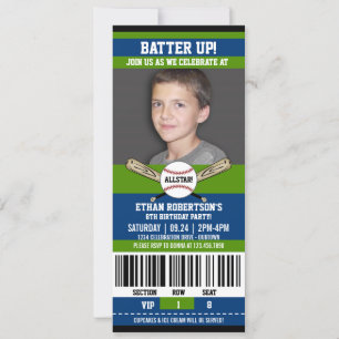 Invitación Blue Green Ticket Style Baseball Birday Party