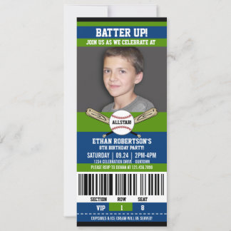 Invitación Blue|Green Ticket Style Baseball Birday Party