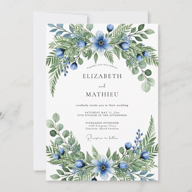 Invitación Blue Green Verdant Botanical Wedding (Anverso)