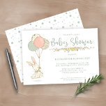Invitación Blue Green Vintage Bunny Floral Baby Shower<br><div class="desc">Bebé con flores rústicas de conejito fino en tonos azules, verde salado, crema y rosa suave. Este diseño presenta un adorable conejo vintage flotando en un ramo de globos festivos con motivos de puntos de polka y flores suaves. Un florecimiento de flores botánicas complementa la tipografía rústica y deja mucho...</div>
