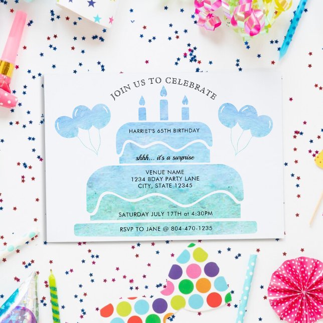 Invitación Blue Green Watercolor Cake Globos 65º cumpleaños (Blue Green Watercolor Cake Balloons 65th Birthday Invitation)
