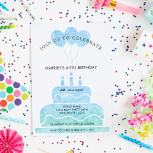 Invitación Blue Green Watercolor Cake Globos 65º cumpleaños
