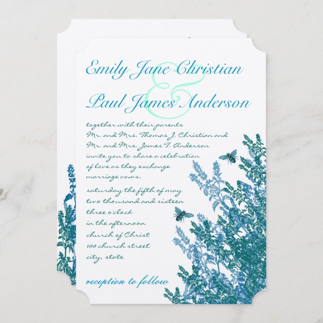 Invitación Blue Green Wildflower Bumble Bee Wedding (Anverso / Reverso)