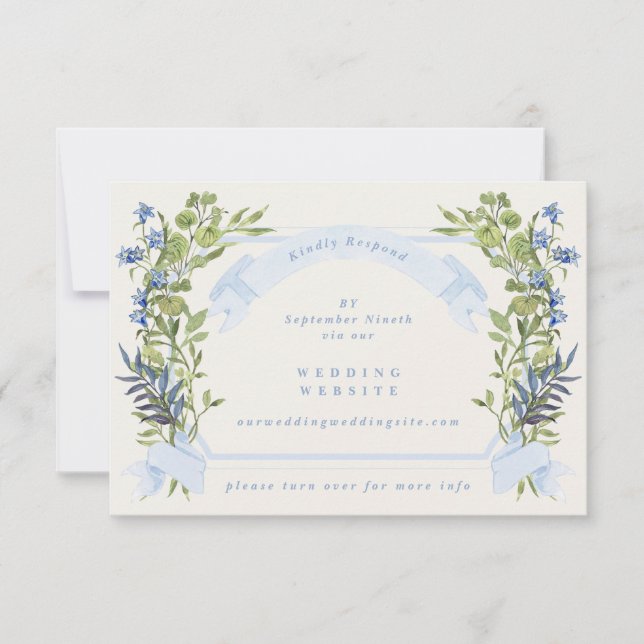 Invitación blue greenery crest website QR CODE wedding RSVP (Anverso)