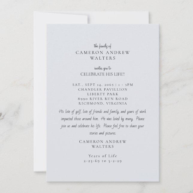 Invitación Blue Grey Photo Celebration of Life (Anverso)