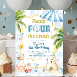 Invitación Blue Groovy Ready FOUR the Beach 4º cumpleaños