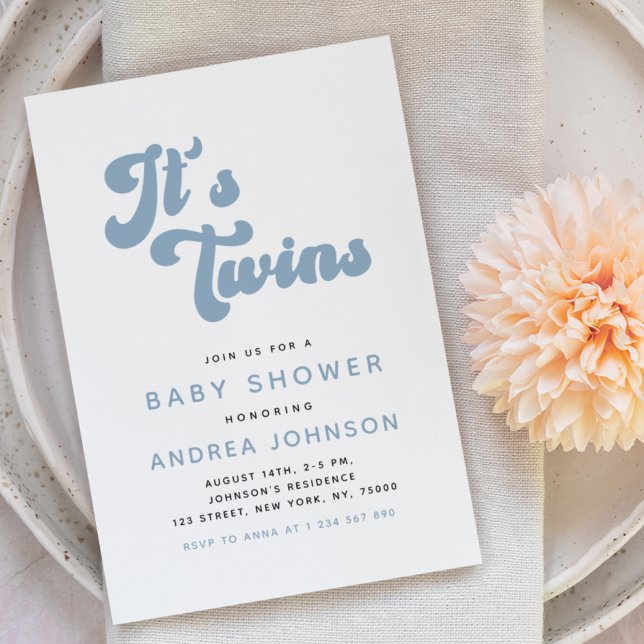 Invitación Blue Groovy Retro Boy Twins Baby Shower mínimo (Subido por el creador)
