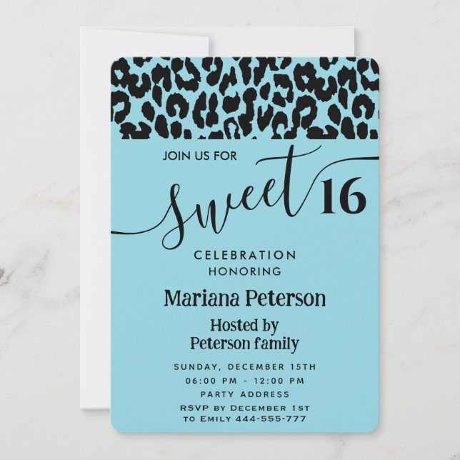 Invitación Blue Guay Trendy atractiva leopard dulce 16 (Anverso)