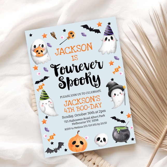 Invitación Blue Halloween Fourever Spooky 4º cumpleaños (Blue Fourever Spooky Halloween 4th Birthday Invitation Boy, Halloween 4th Birthday Invite, Ghosts)