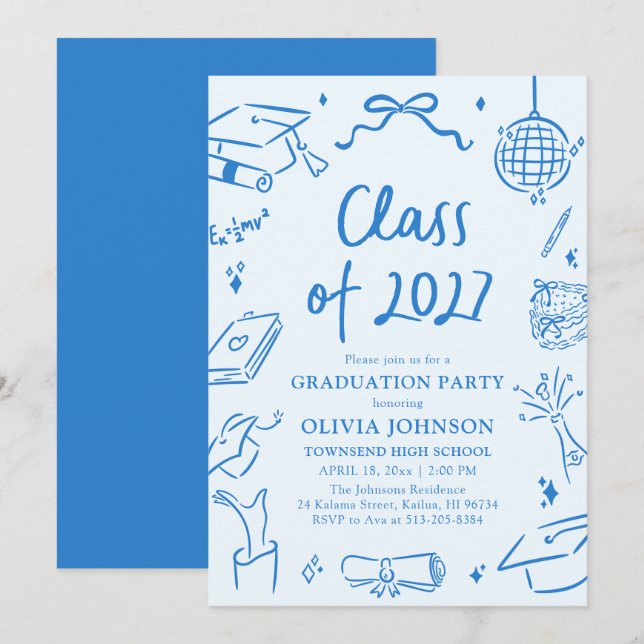 Invitación Blue Hand Drawn Class of 2027 Graduation Party (Anverso / Reverso)