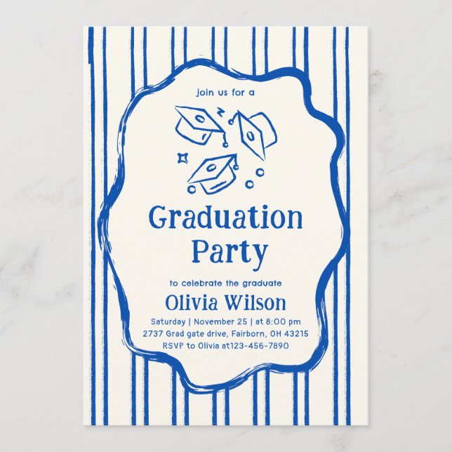Invitación Blue Hand Drawn Doodle Graduation Party (Anverso)