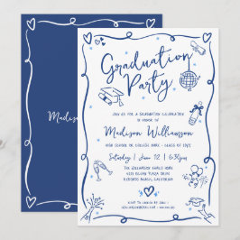 Invitación Blue Hand Drawn Doodles Graduation Fun White Party
