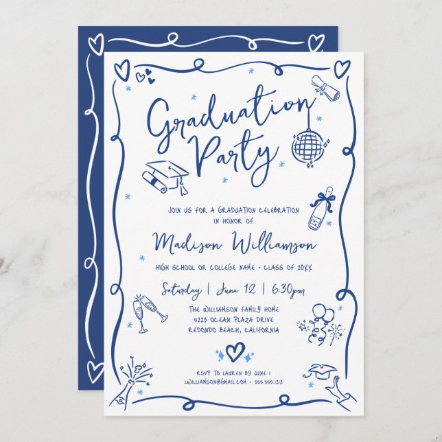 Invitación Blue Hand Drawn Doodles Graduation Fun White Party (Anverso / Reverso)