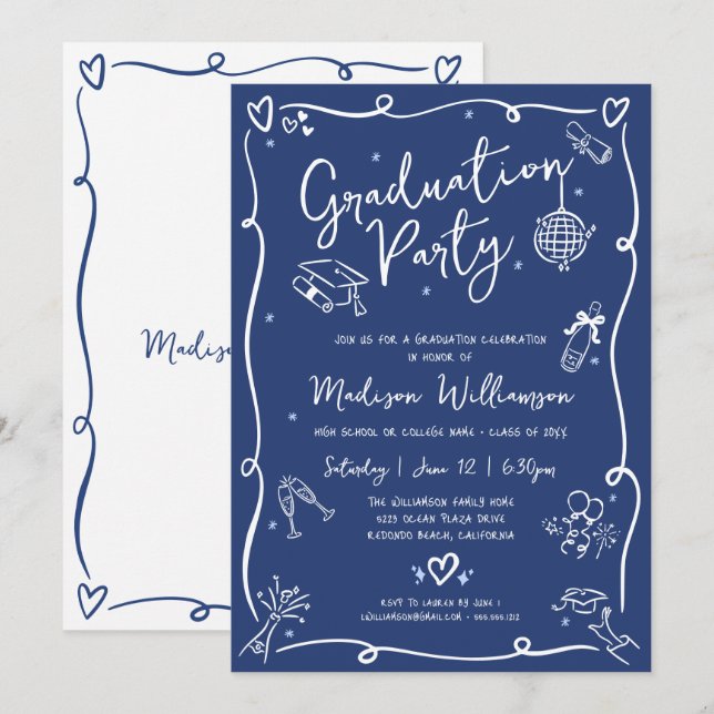 Invitación Blue Hand Drawn Doodles Style Fun Graduation Party (Anverso / Reverso)