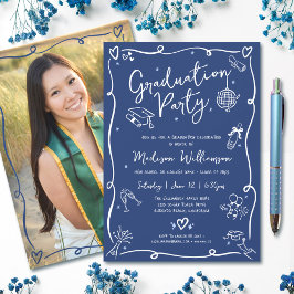 Invitación Blue Hand Drawn Doodles Style Photo Graduate Party