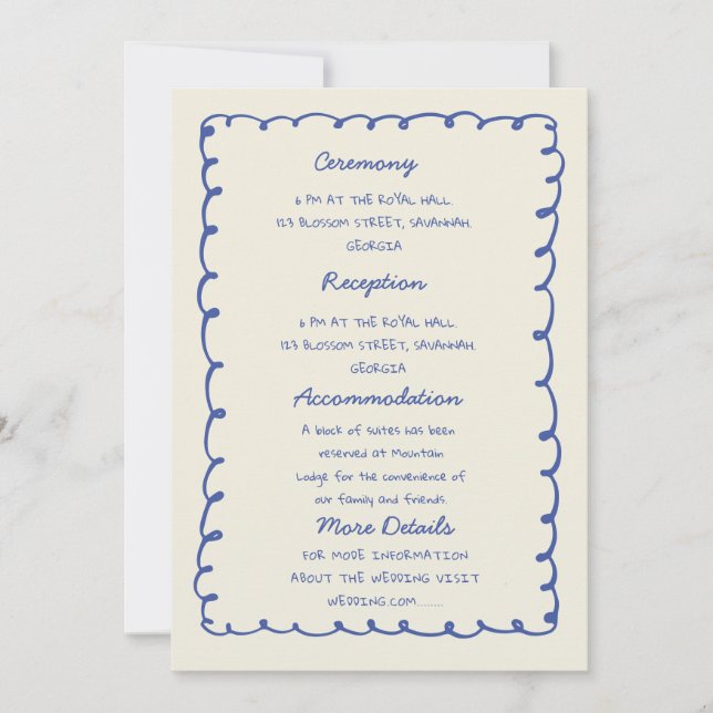 Invitación Blue hand drawn heart Whimsical Wedding details (Anverso)