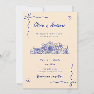 Invitación Blue Hand Drawn Sketch Venue Wedding