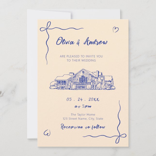 Invitación Blue Hand Drawn Sketch Venue Wedding (Anverso)