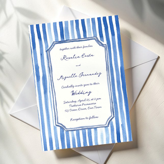 Invitación Blue hand drawn vintage stripes wedding (Blue hand drawn stripes hand writing vintage wedding invitation cards template )