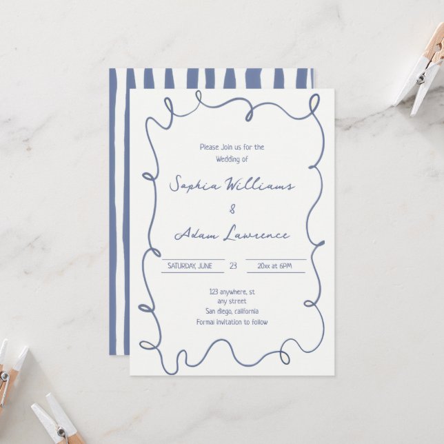 Invitación Blue  Hand Written Pinstripes Whimsical Wedding (Anverso/Reverso In Situ)