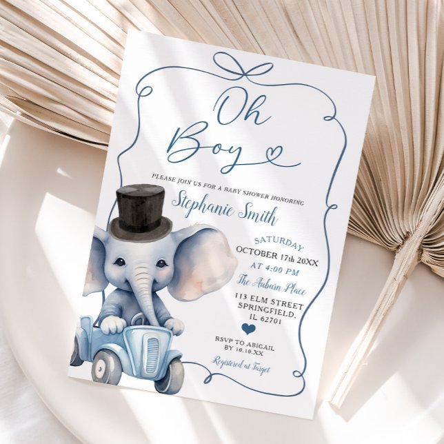 Invitación Blue Handdraw Bow Elephant Baby Shower Boy (Subido por el creador)