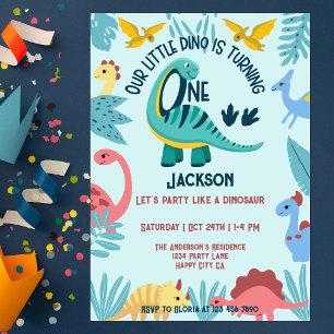 Invitación Blue Happy Little Dinosaurs One Boy 1er cumpleaños