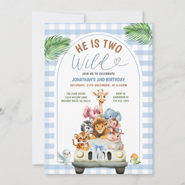 Invitación Blue He is Two Wild Safari Animals Birthday Party (Anverso)