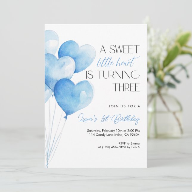 Invitación Blue Heart Balloon 3rd Birthday (Anverso de pie)