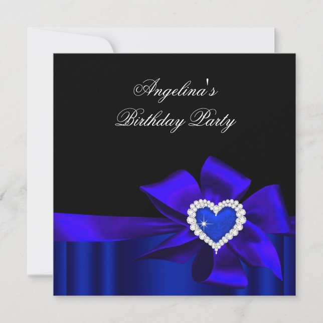 Invitación Blue Heart Black Birthday Party Bow Image (Anverso)