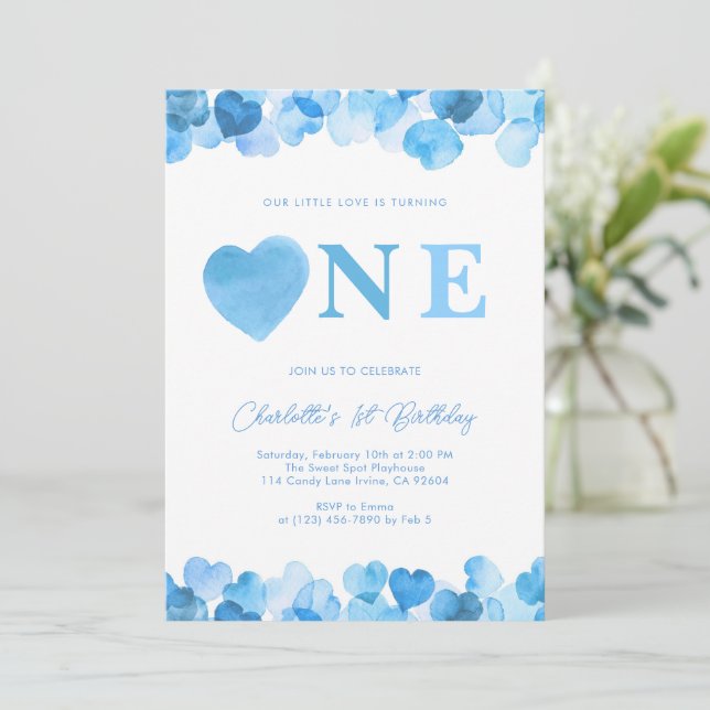 Invitación Blue Heart One First Birthday Valentines (Anverso de pie)