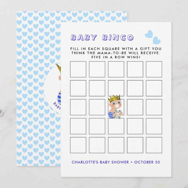 Invitación Blue Heart Prince Baby Boy Fiesta Bingo Juego (Anverso / Reverso)