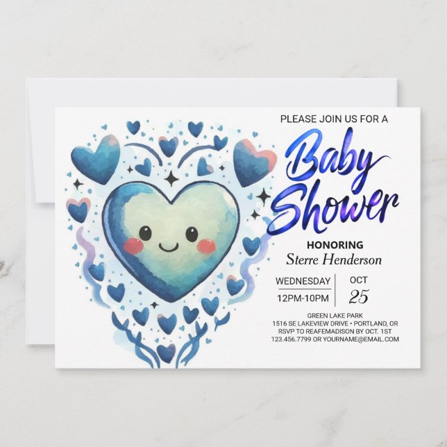 Invitación Blue Hearts Little Cutie Elegant Boy Baby Shower (Anverso)