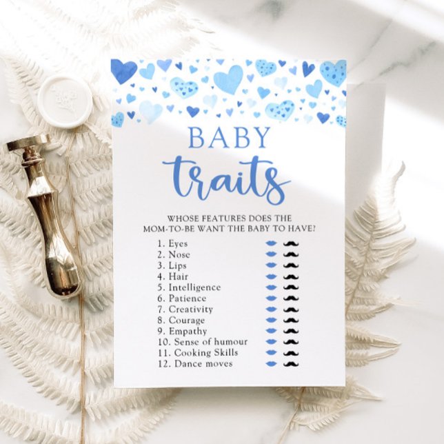 Invitación Blue Hearts Valentine Baby Shower Baby Trats Game (Watercolor Blue Hearts Valentine Sweetheart Heartbreaker February Boy Baby Traits Baby Shower Game)