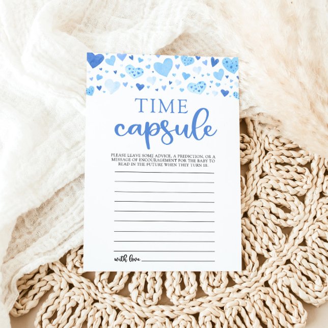 Invitación Blue Hearts Valentine Baby Shower Time Capsule (Watercolor Blue Hearts Valentine Sweetheart Heartbreaker February Boy Time Capsule Baby Shower Game)