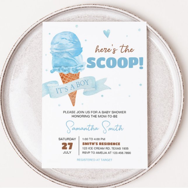 Invitación Blue Here s the Scoop Baby Shower (Boy Ice Cream Baby Shower Invitation)
