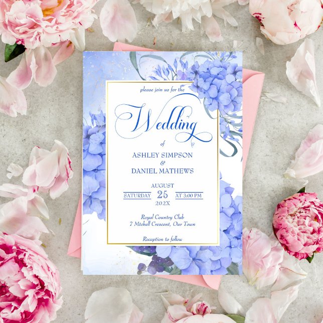 Invitación Blue hidrangeas elegante boda floral (Blue hydrangeas elegant floral wedding invitation template)
