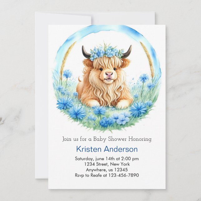 Invitación Blue Highland Cow Adventure Boy Baby Shower (Anverso)