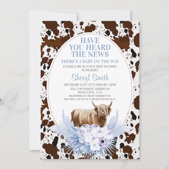 Invitación Blue Highland Cow Boho Floral Baby Shower (Anverso)