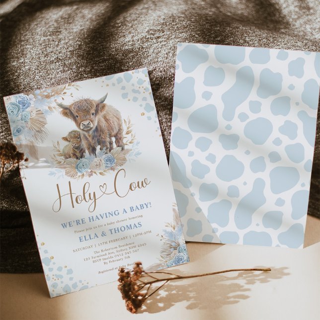 Invitación Blue Holy Cow Boho Pampas Boy Baby Shower (Subido por el creador)