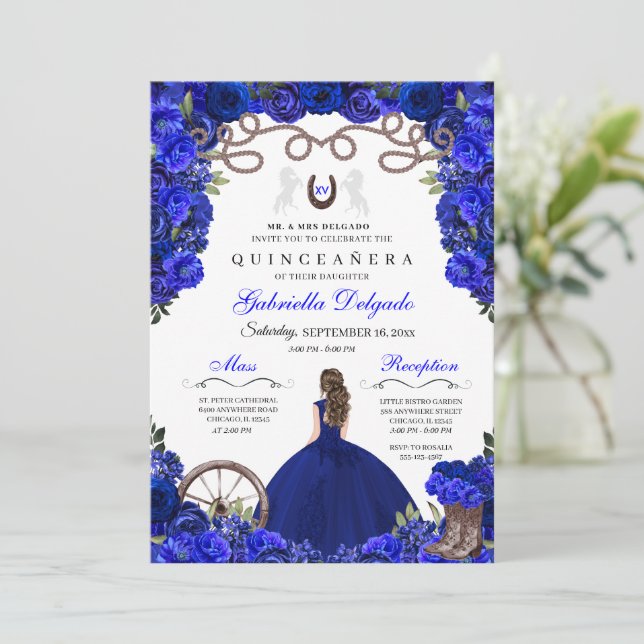 Invitación Blue Horseshoe Western Charra Floral Quinceanera (Anverso de pie)